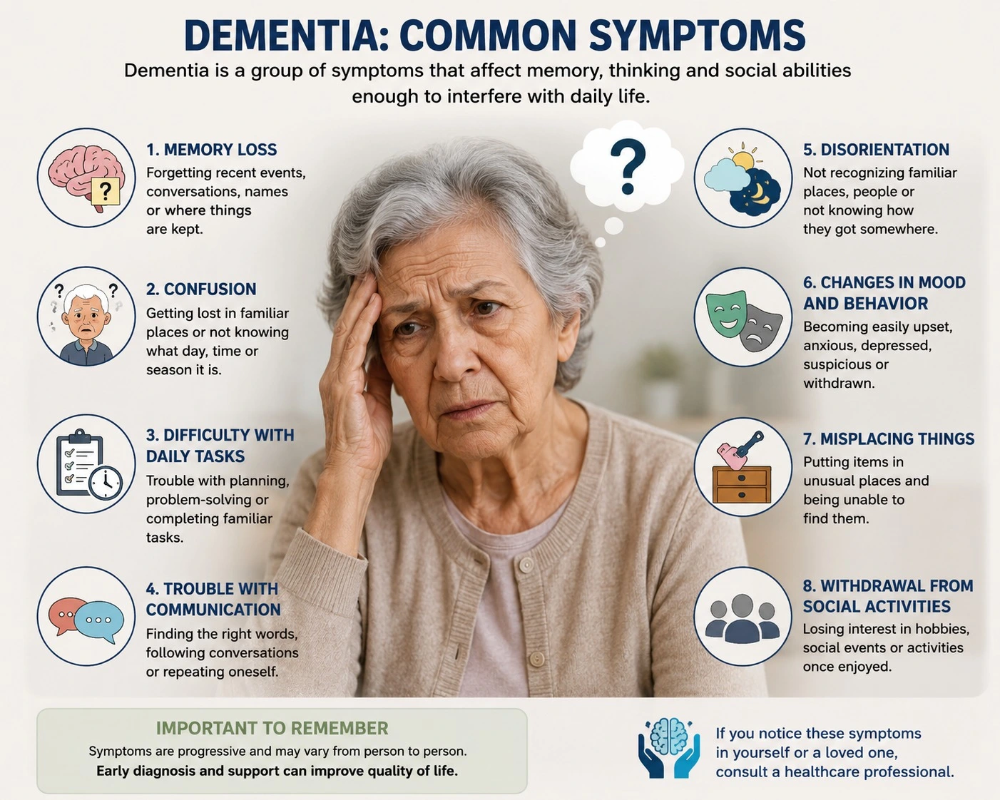 Infographic showing eight common dementia symptoms including memory loss, confusion, and disorientation