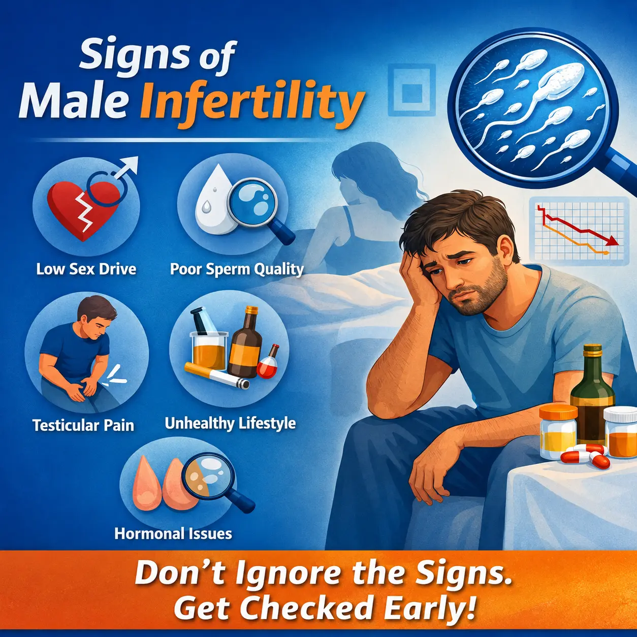 Infographic outlining common signs of male infertility